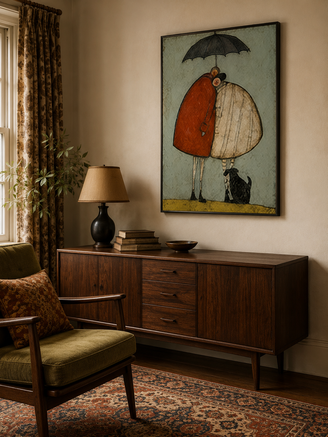 Fantasy Love Oil Painting Of Couple And Pet In Square Format For Eclectic Interior Design