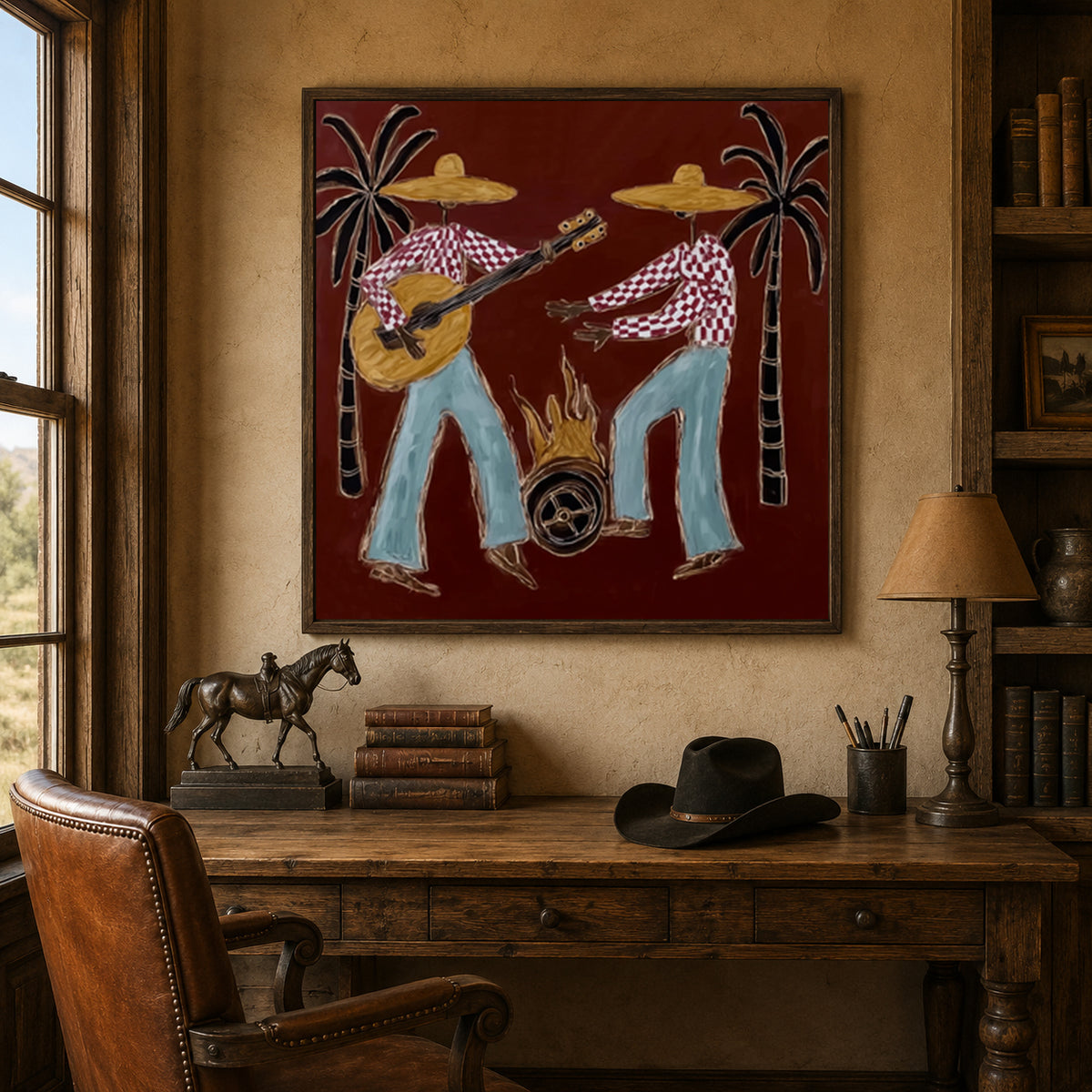 Folk Art Guitarists With Campfire Hand-Painted Canvas Wall Art Red Background Resort Painting
