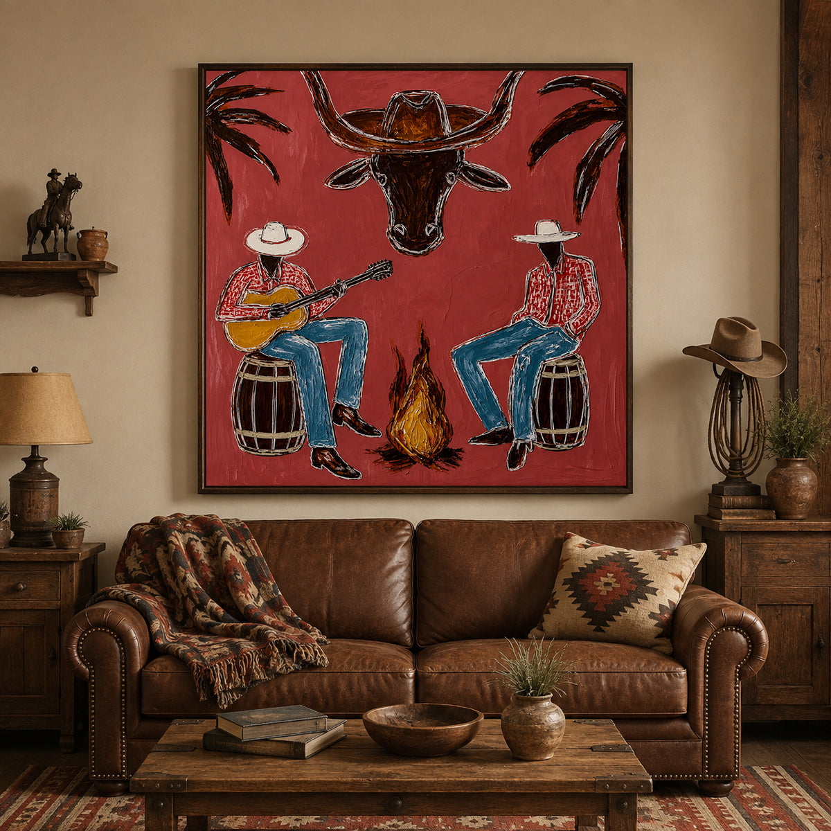 Cowboy And Longhorn Steer Canvas Painting With Campfire Scene Rustic Red Painting