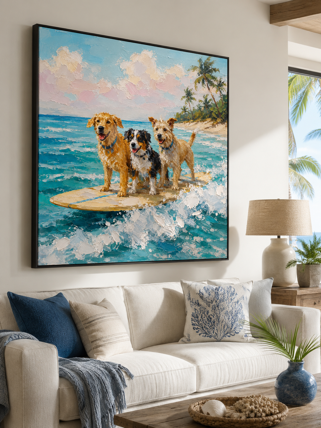 Fun Surfing Dogs Oil Painting For Pet Lovers Beach Themed Wall Art