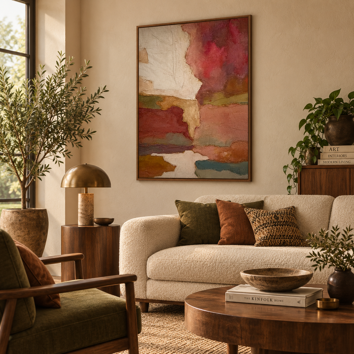 Earth Tone Art Vintage Terracotta Abstract Landscape Painting | Cream & Olive Organic Wall Art