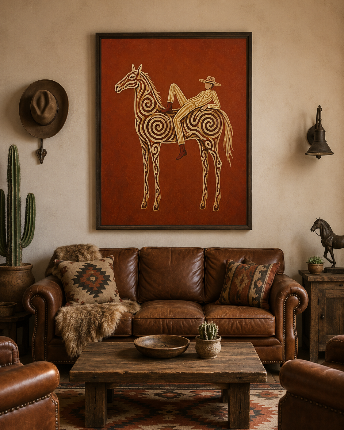Neutral Earth Tone Cowgirl Wall Art, Terracotta Horse Canvas Art, Boho Western Home Decor