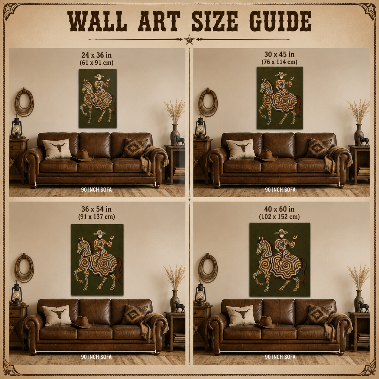 Vintage Cowgirl And Horse Painting Olive Green Wall Art For Living Room Decor