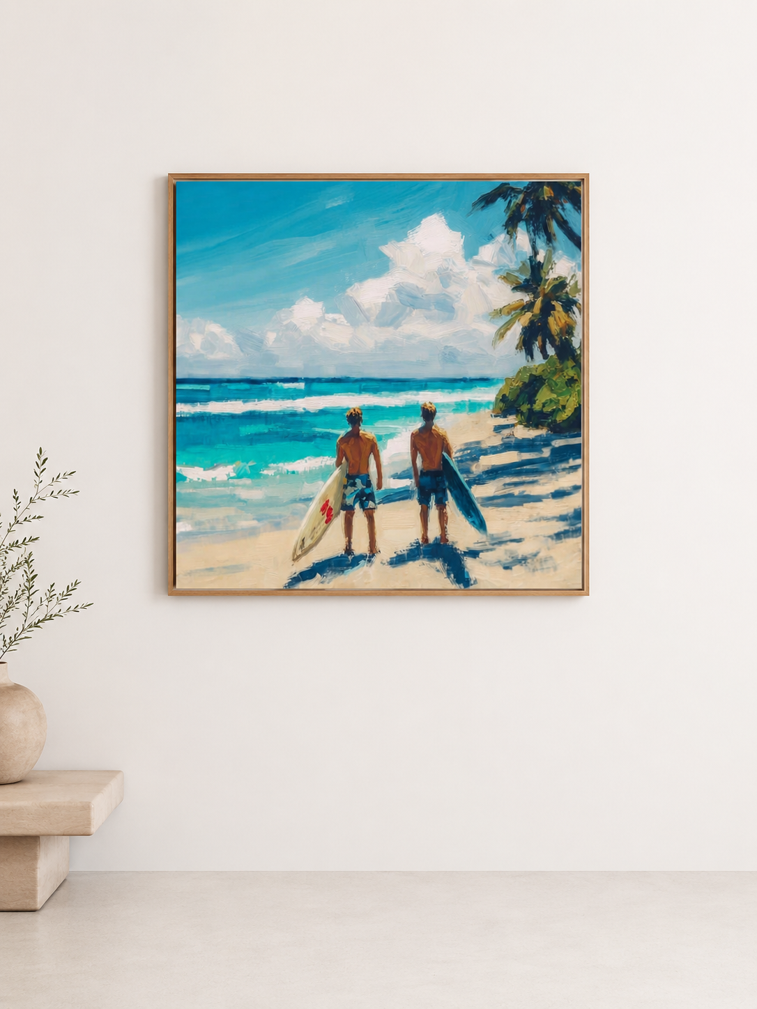 Vintage Tropical Surf Painting For Living Room With Textured Ocean Waves And Palm Trees