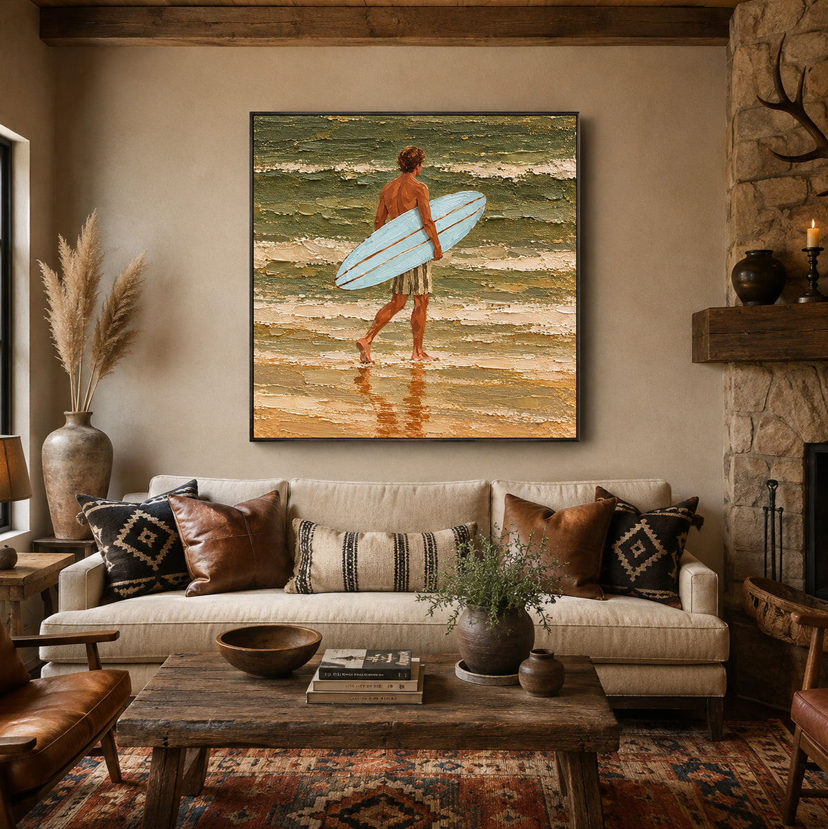 Blue Surfboard Canvas Art, Heavy Impasto Ocean Waves Painting, Coastal Beach House Wall Decor