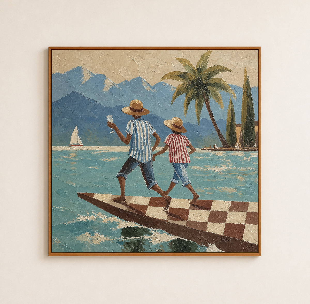 Figurative Beach Scene Hand-Painted Canvas Art With Mountains And Sailboat In Bright Blue Tones