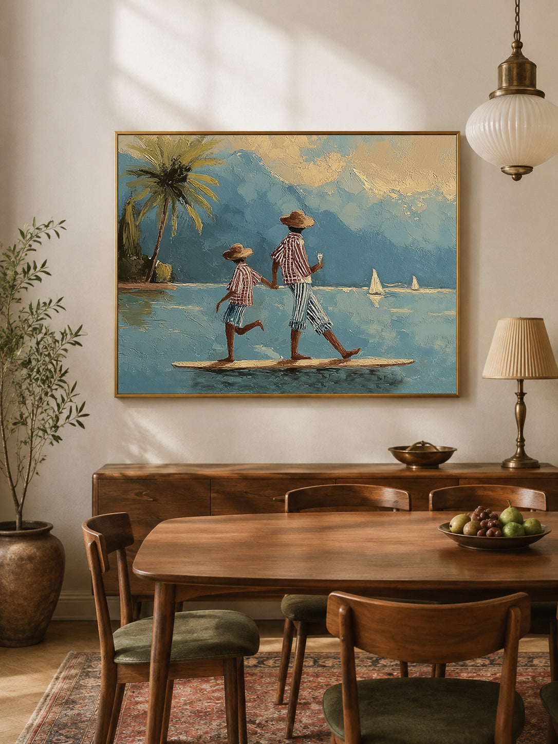 Whimsical Paddleboard Canvas Art, Mediterranean Water Walking Wall Decor, Retro Coastal Nautical Painting