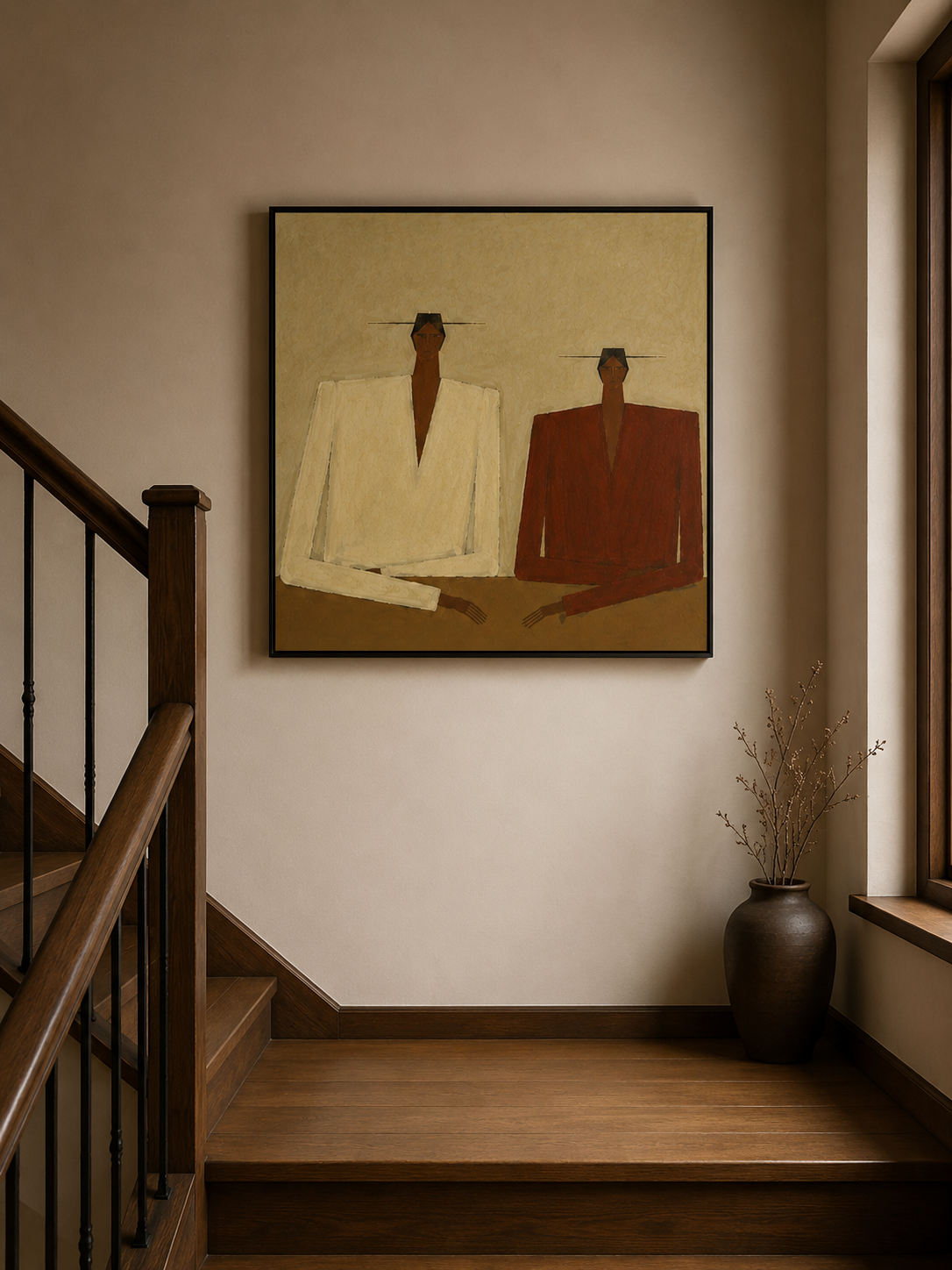 Abstract Geometric Figure Painting In Beige And Brown Tones With Textured Canvas For Modern Living Room Decor
