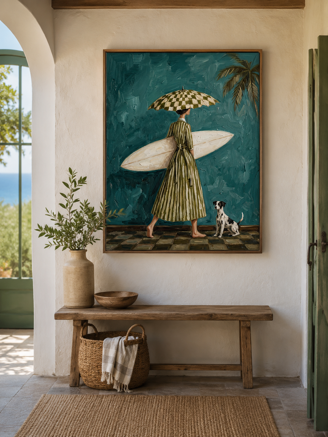 Vintage Surf Girl Oil Painting With Dog Textured Beach Wall Art For Living Room Decor