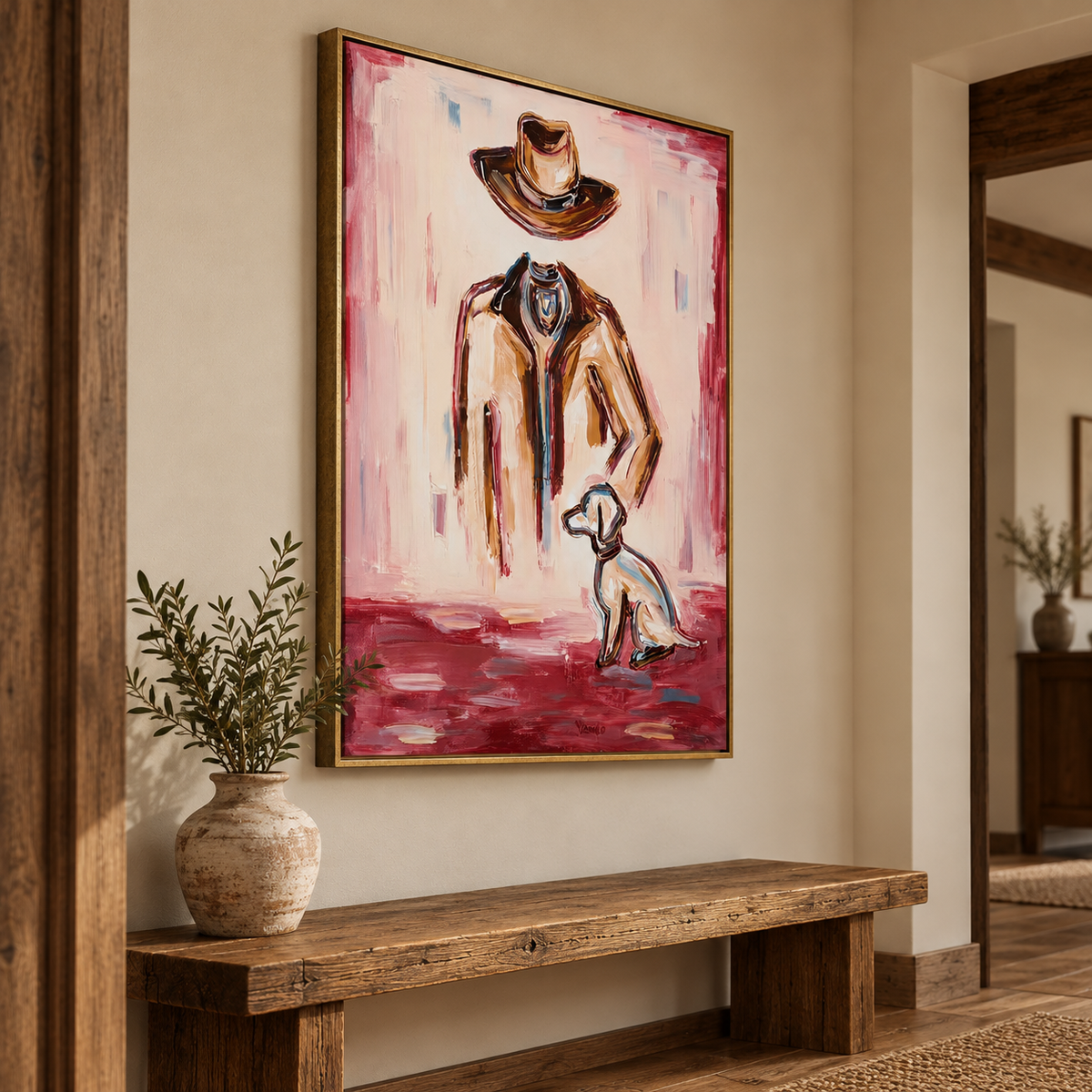 Pink Background Cowboy Art Modern Western Figurative Painting Original Canvas