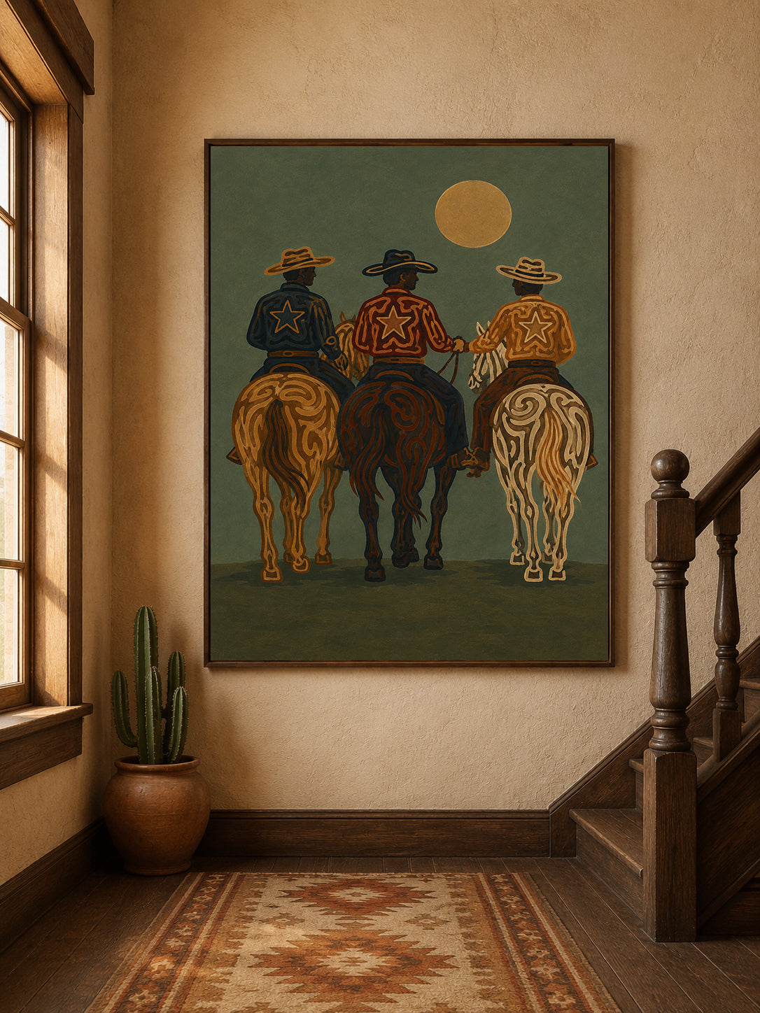 Three Cowboys Painting, Western Horse Riders, Rustic Southwestern Ranch Wall Art