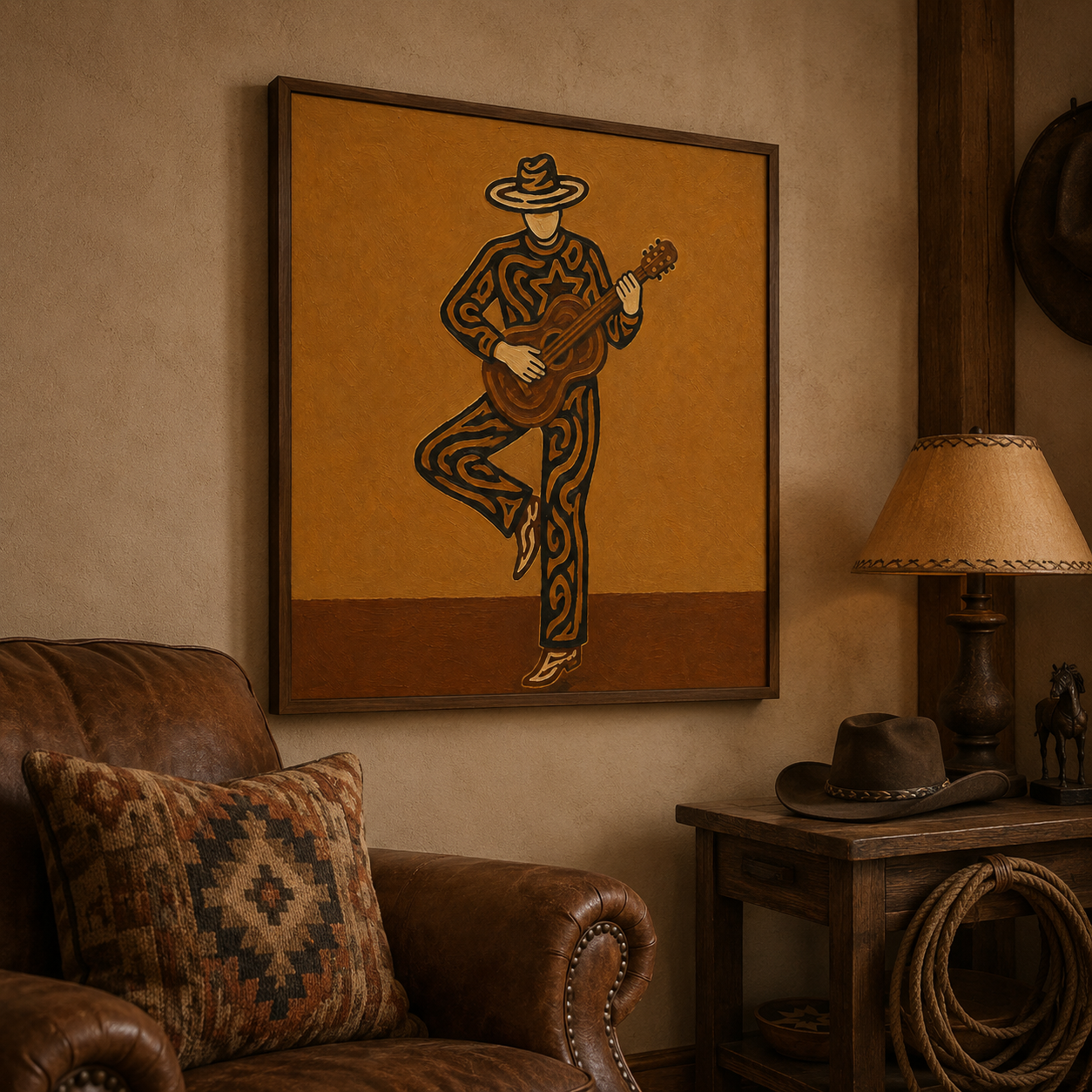 Abstract Cowboy Musician Art, Unique Guitar Player Wall Decor, Modern Western Art, Dynamic Cowboy Painting