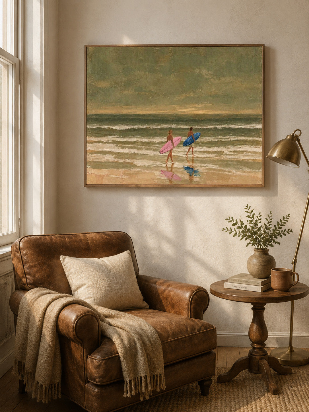 Couples Surfing Canvas Art, Pink And Blue Surfboard Beach Decor, Vintage Coastal Ocean Painting