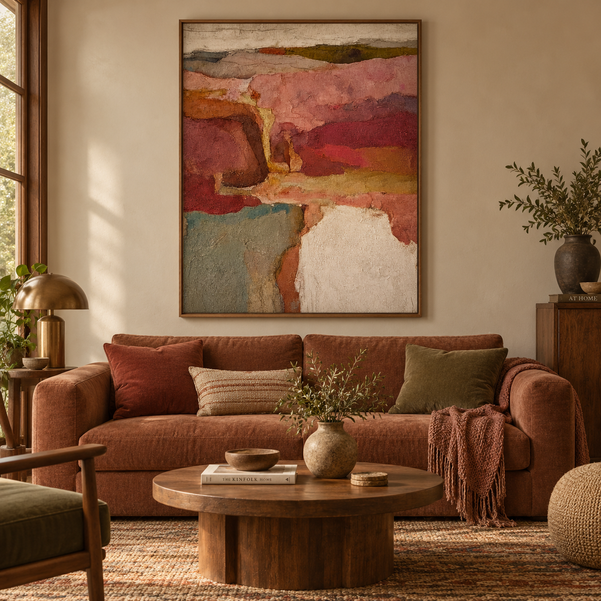 Abstract Burgundy And Sage Green Canvas Painting Hand-Painted Original Art For Modern Walls