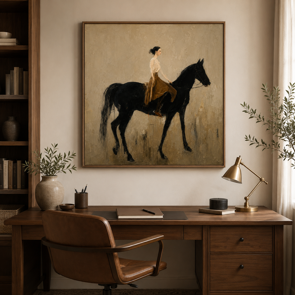 Figurative Horse And Rider Oil Painting Retro Style Wall Art For Living Room