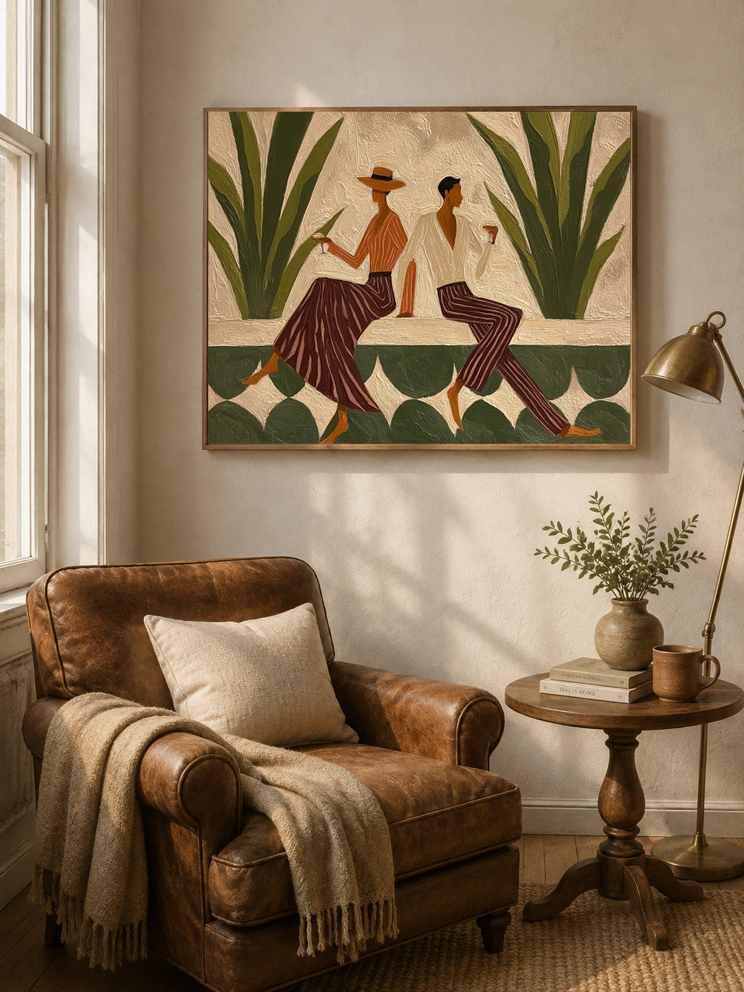 Vintage Figure Painting With Agave Plants Hand-Painted Canvas Art Olive Green Wall Art For Modern Living Room