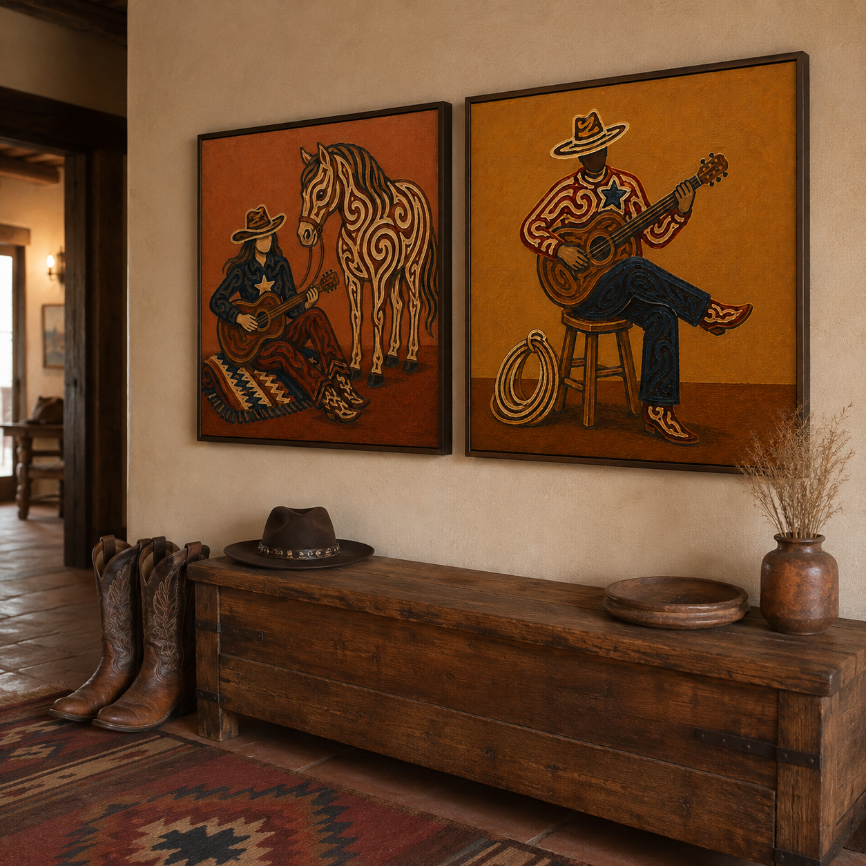 Western Diptych Wall Art Vintage Cowboy Couple Guitar Horse Wall Art Set For Living Room Decor