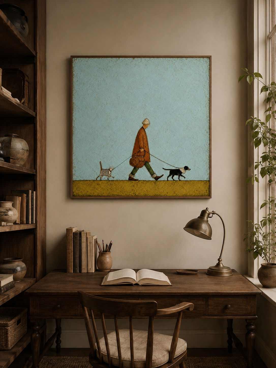 Vintage Style Oil Painting Of Man Walking Cat And Dog For Pet Lovers Home Decor