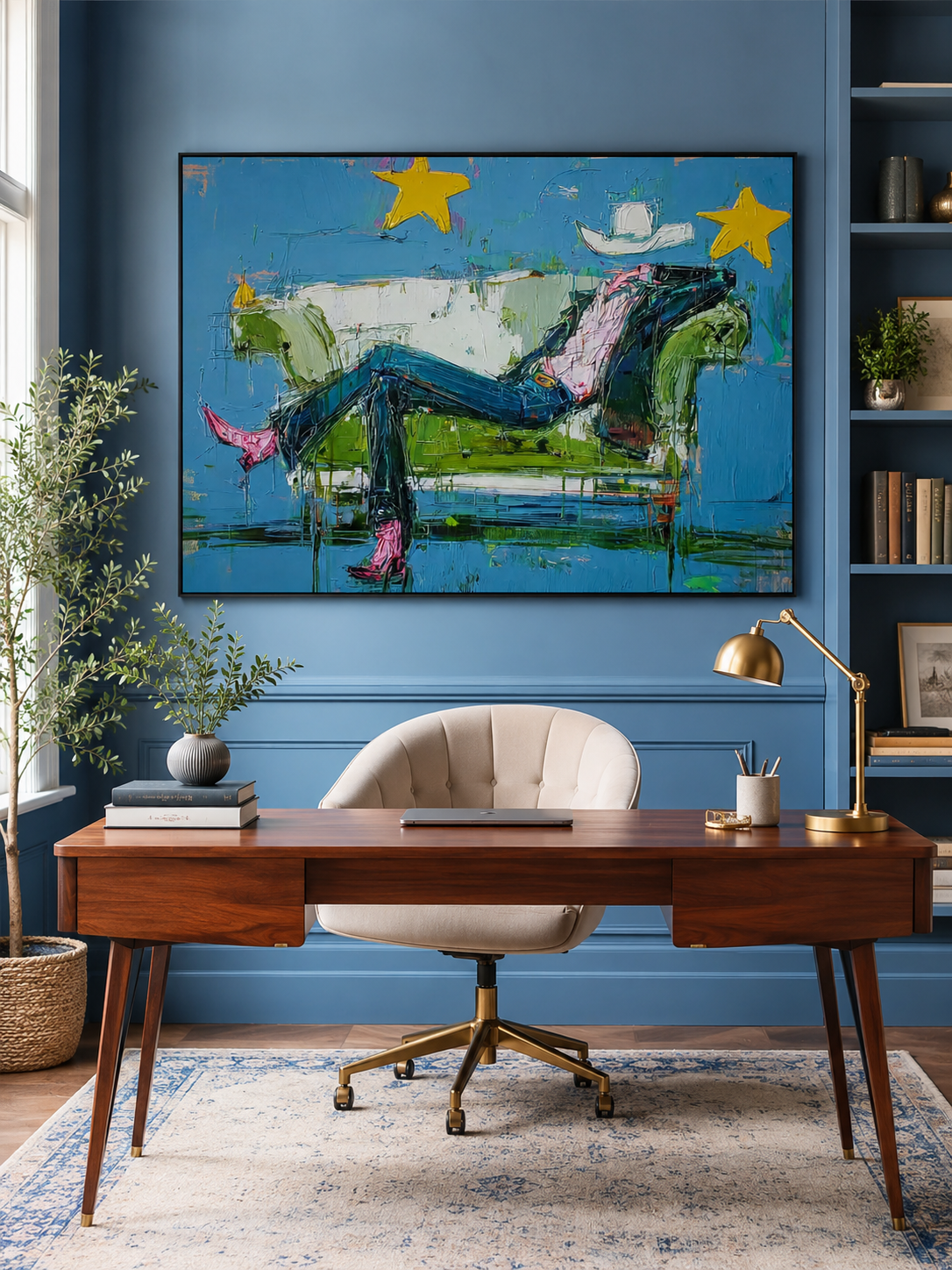 Surreal Cowboy Art With Rich Texture Blue Tones For Contemporary Western Interior Design Decor