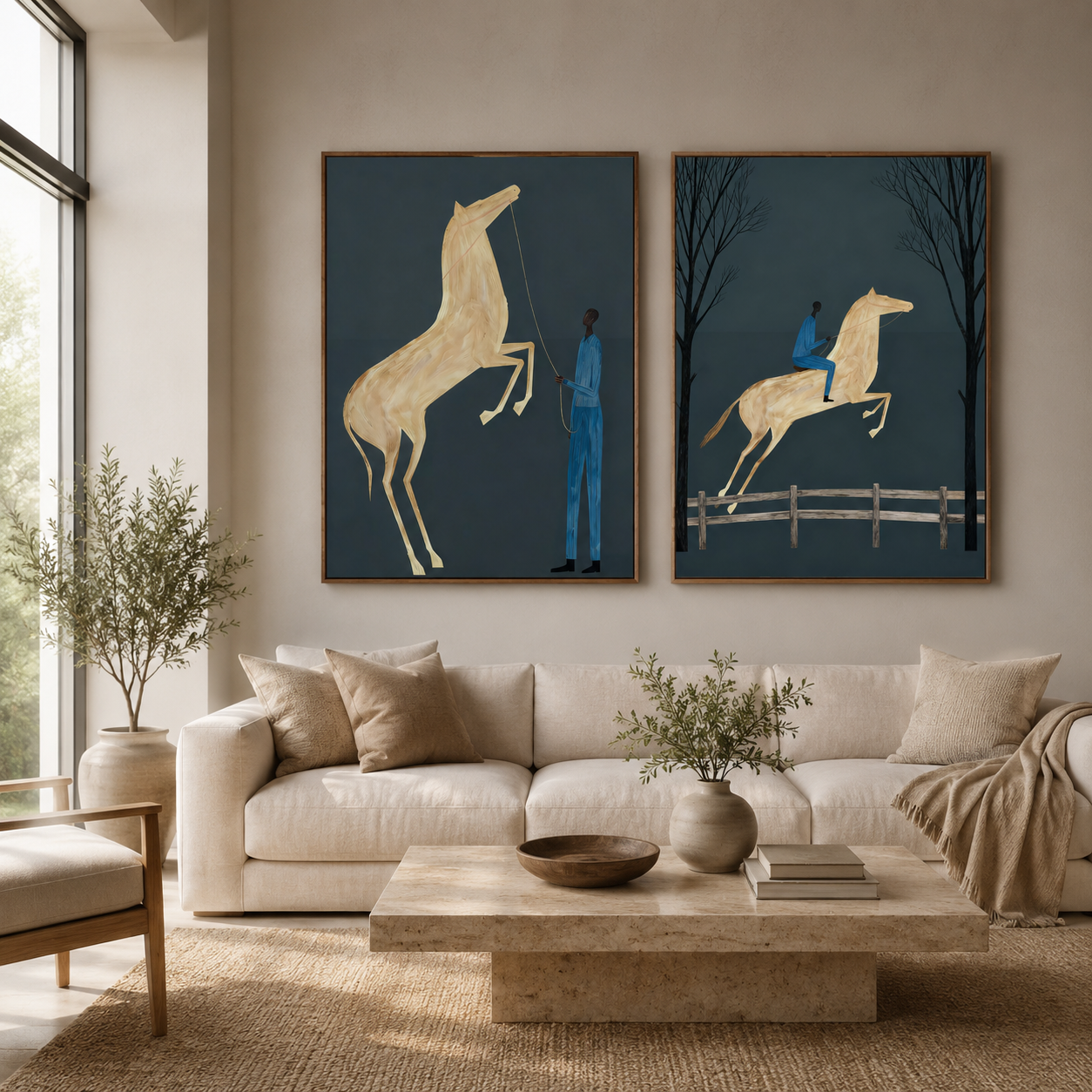 Minimalist Horse Painting Set Deep Blue Background Modern Wall Art For Living Room