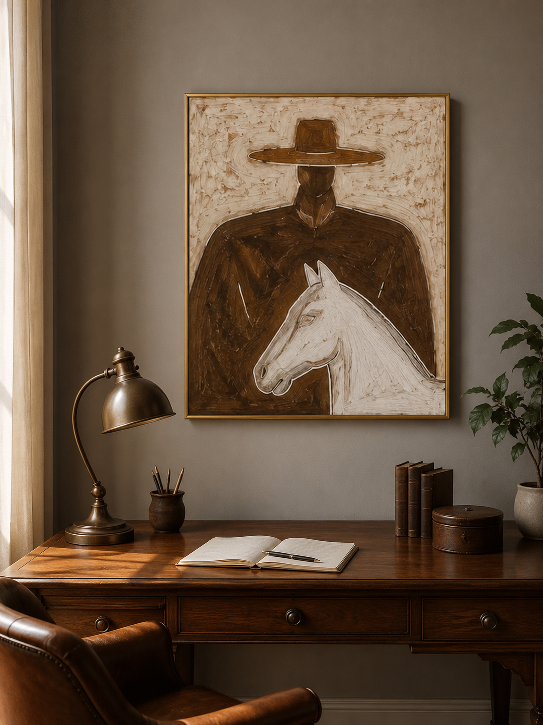 Modern Wabi Sabi Painting Of Man With Horse Brown Minimalist Wall Art