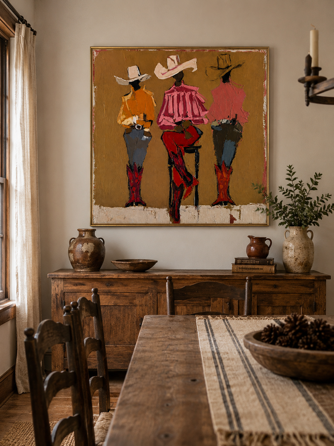 Three Cowgirls Figure Painting Retro Western Art With Textured Brushstrokes For Home Wall