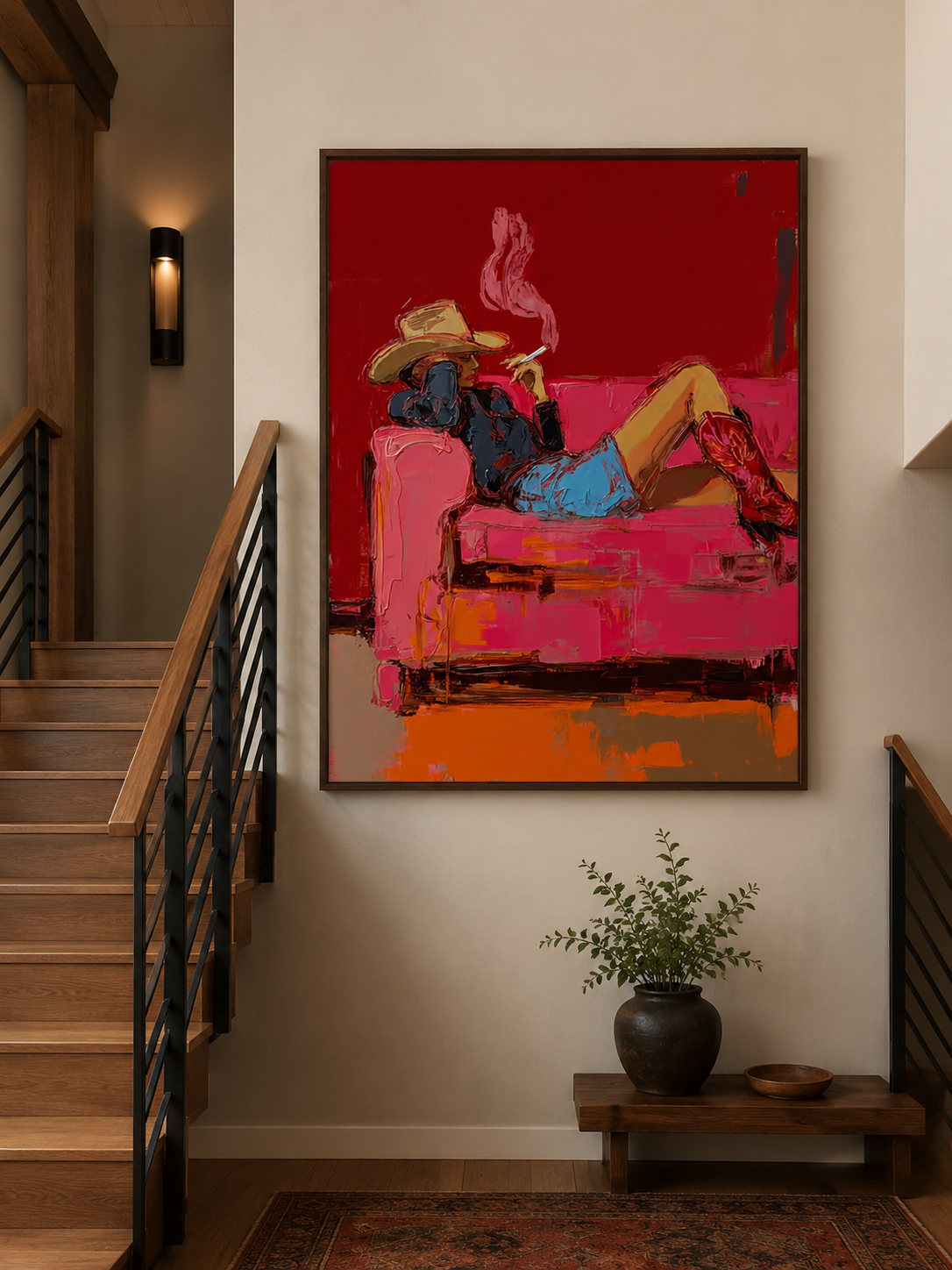 Modern Western Art Painting Of Cowgirl Smoking In Red For Living Room Decor