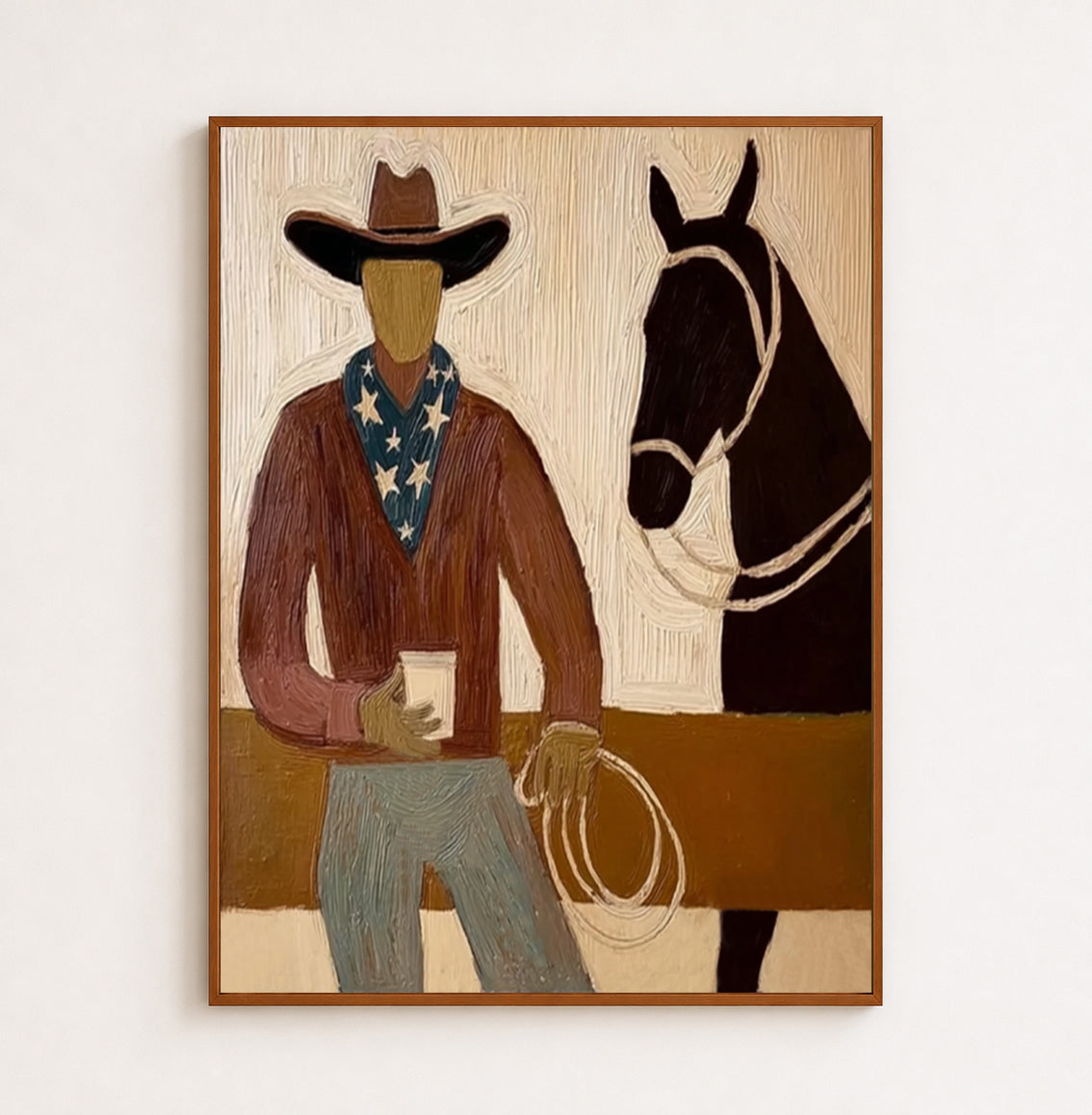 Warm Southwestern Cowboy And Horse Painting For Rustic Living Room Wall Art Decor