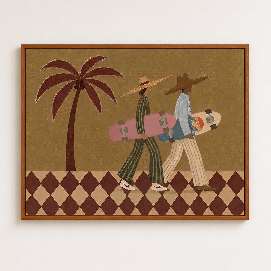 Vintage Skateboard Art With Palm Tree In Warm Brown Tones For Modern Home Decor