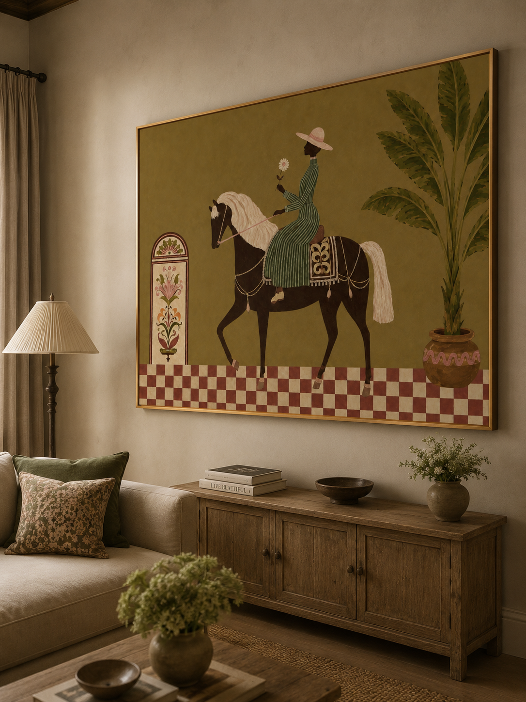 Tropical Equestrian Woman Painting, Vintage Resort Horse Art, Botanical Wall Decor