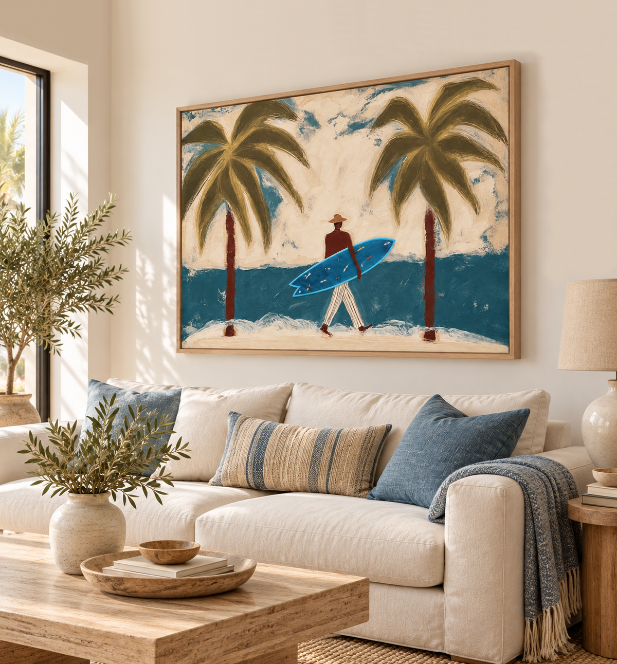 Surfer With Blue Board Vintage Beach Canvas Painting Hand-Painted Wall Art For Coastal Decor