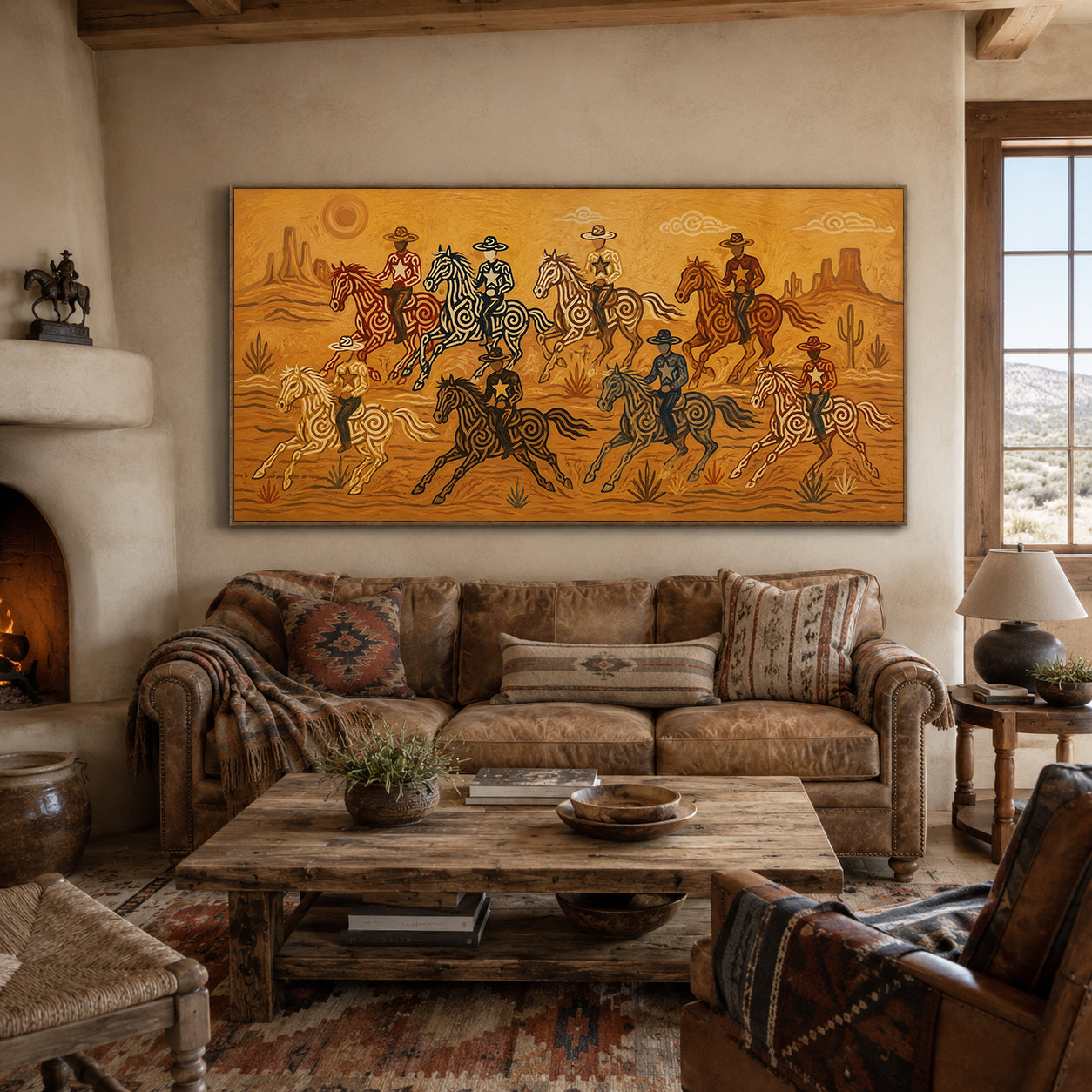Panoramic Desert Cowboy Painting, Southwestern Horse Riders, Arizona Western Landscape Art