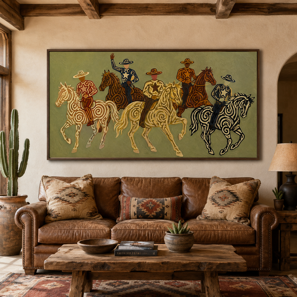 Olive Green Cowboy Riders Painting, Panoramic Western Horse Art, Modern Southwestern Decor
