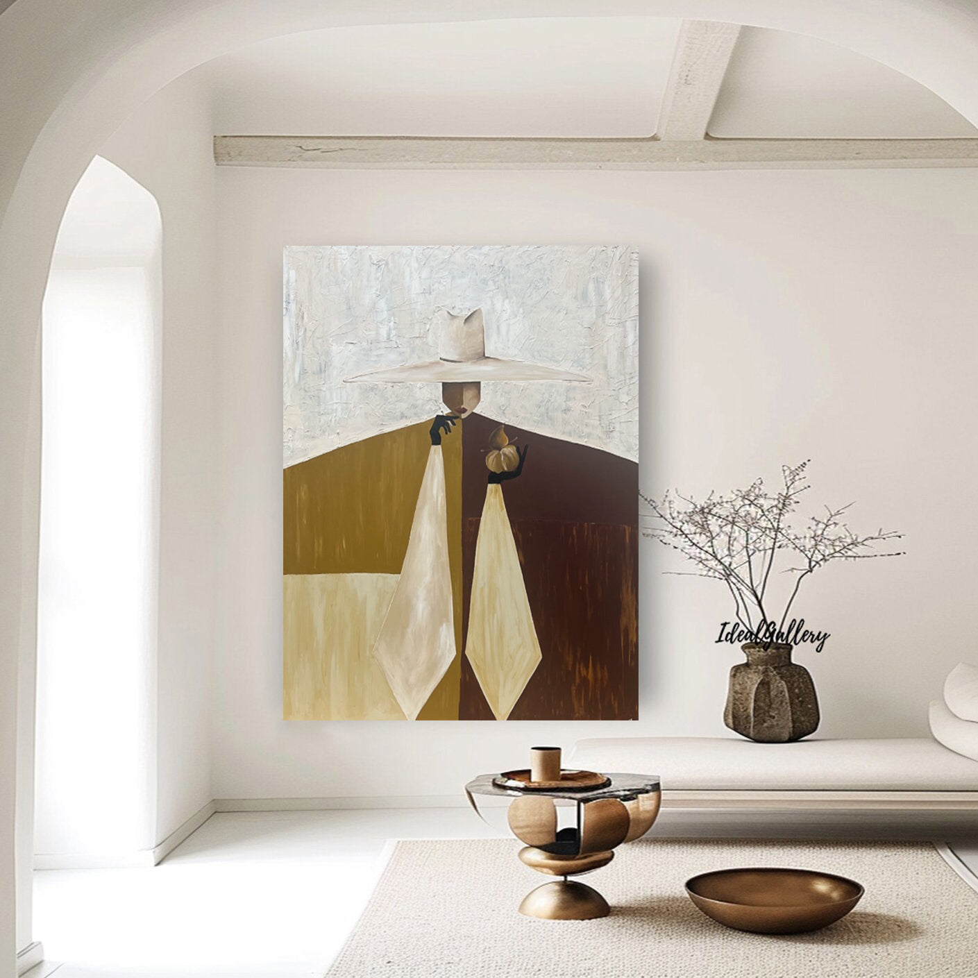 Hand-Painted Mid-Century Modern Abstract Portrait - Earthy Wall Art