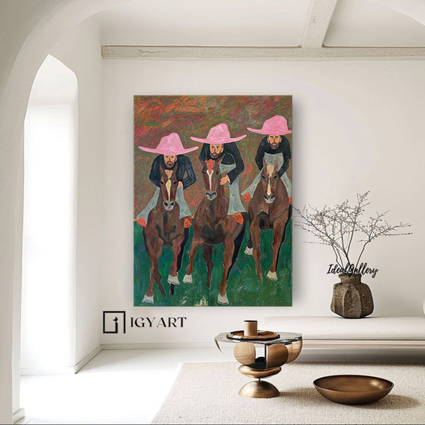 Pink hat man riding horse abstract painting pink hat man abstract art man riding horse abstract painting