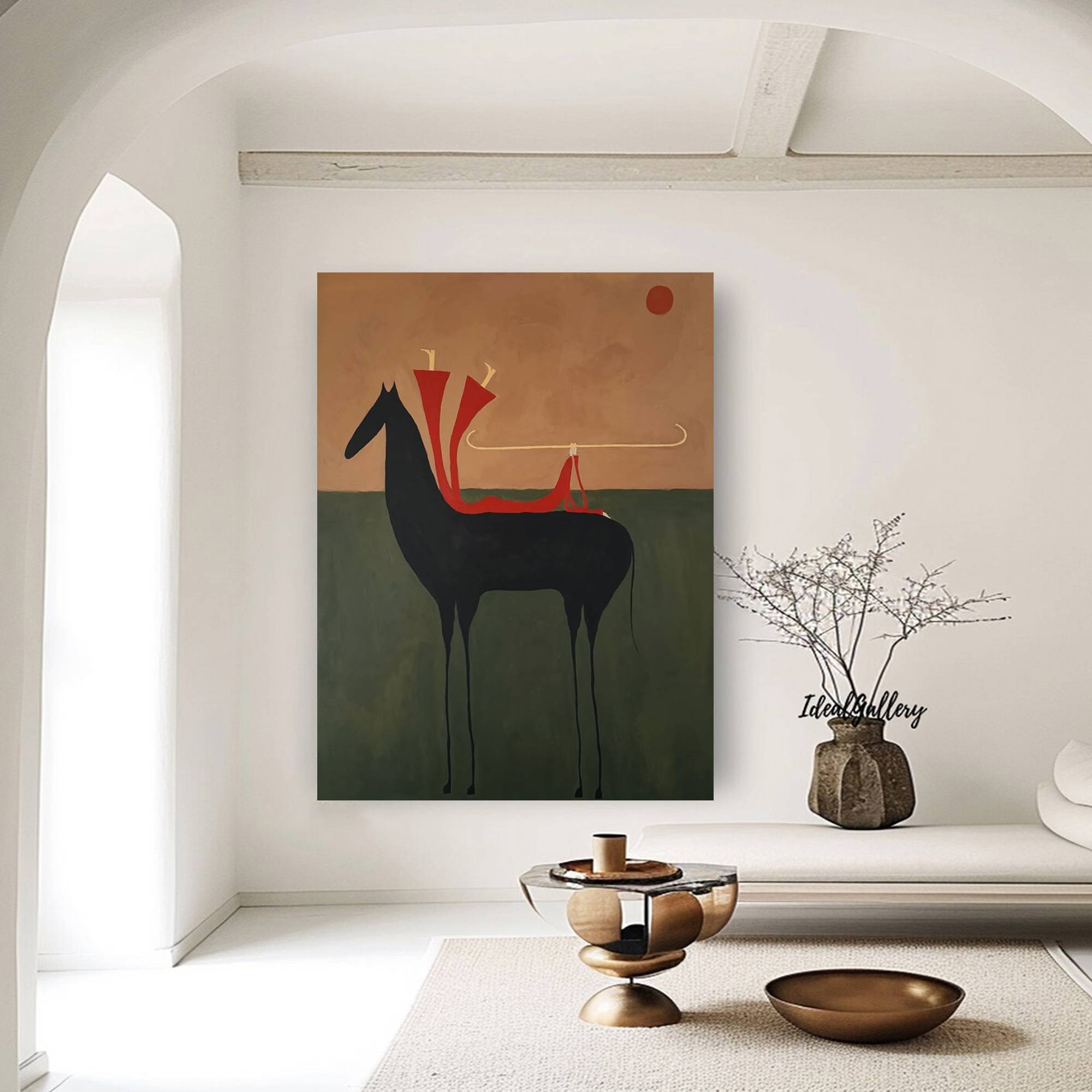 Surreal Horse & Rider Art Painting Whimsical Folk Art Wall Decor Quirky Equestrian Painting