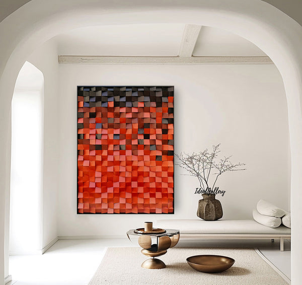 Wood Collage Wall Art decor Red Sculptured art Red Textured Wall Art 