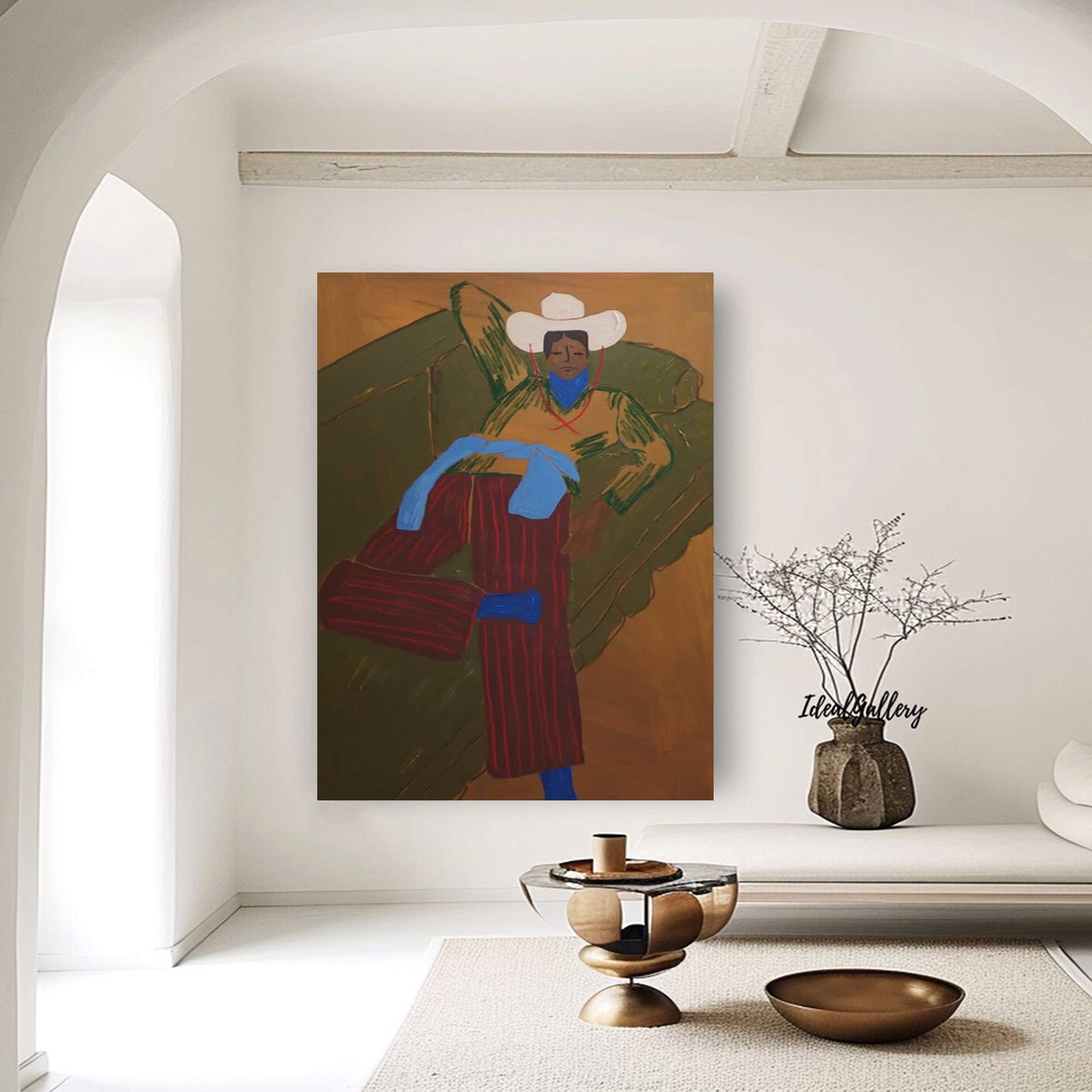 Retro Cowboy Portrait Art Painting contemporary Quirky Male Figure Decor