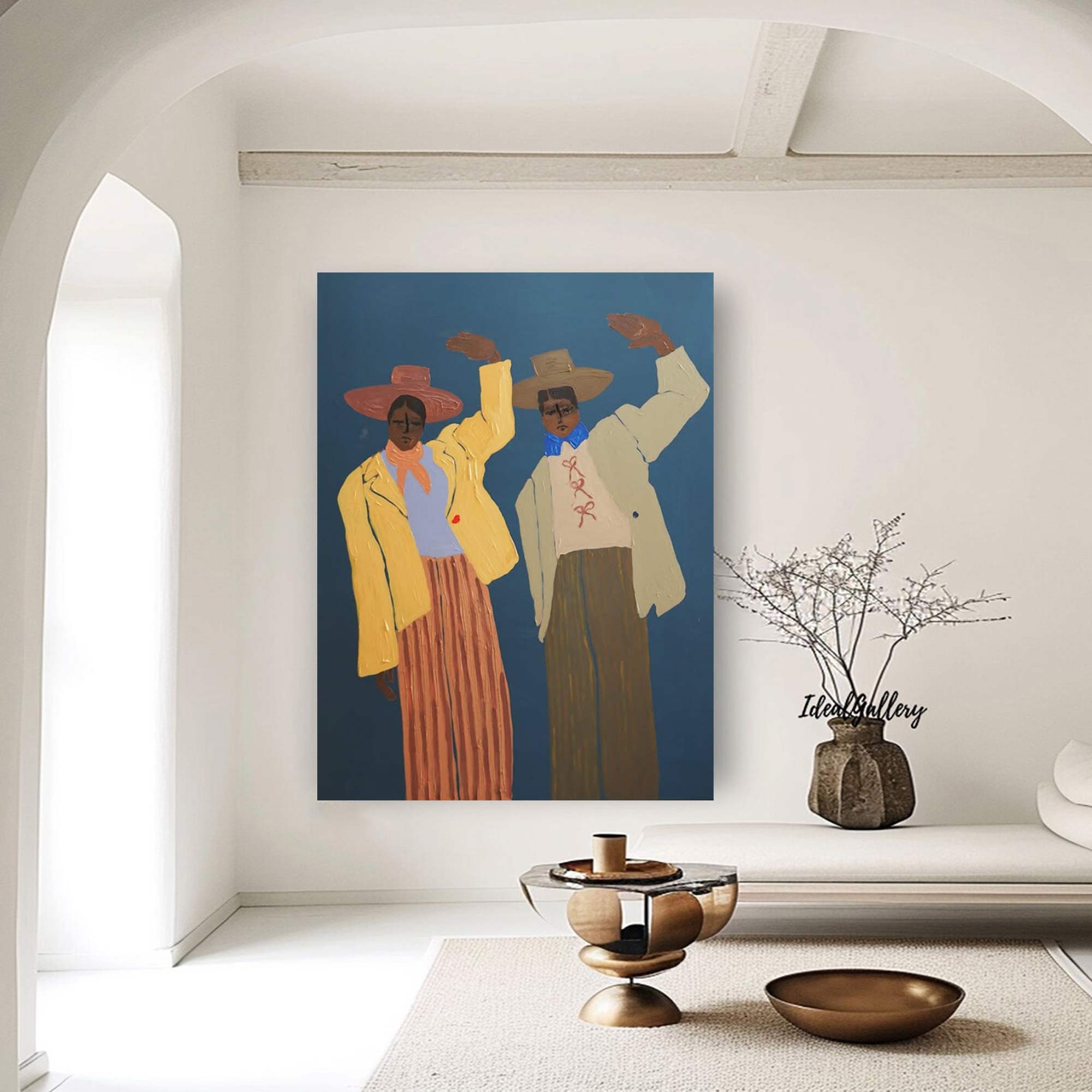 contemporary folk style male figure duo art Vintage Fashion Art Painting