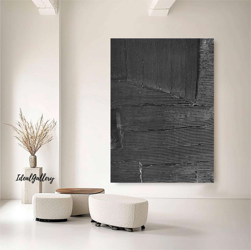 Large Black Abstract Painting Black wall art Black plaster art Black textured wall art 