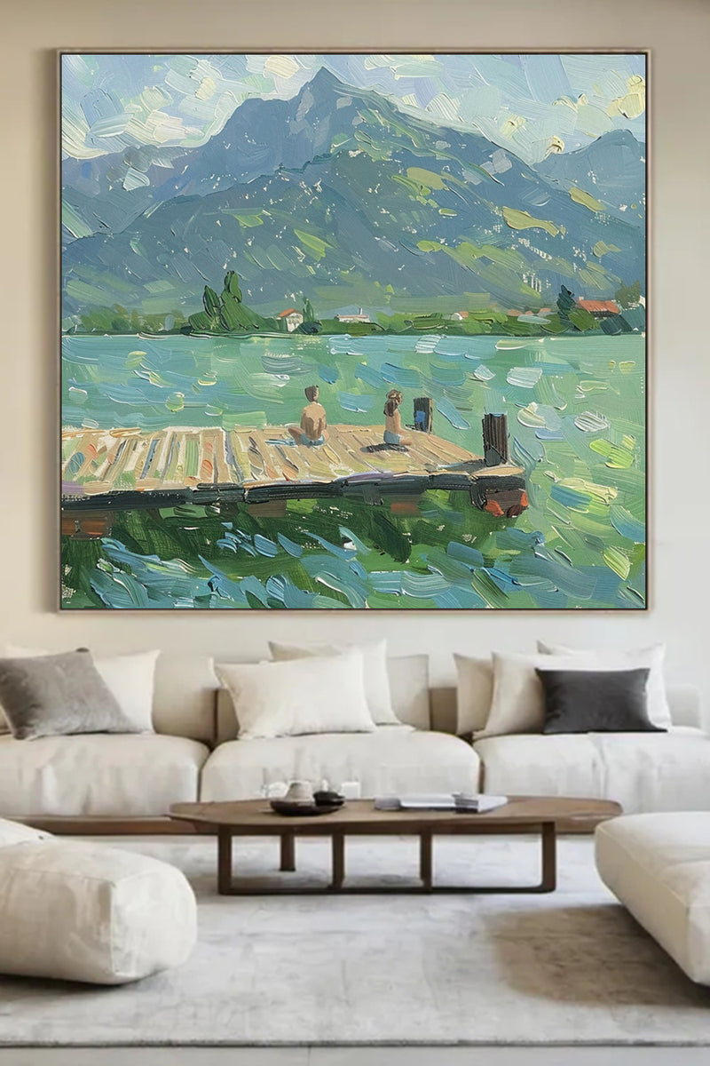 Green Abstract Landscape Oil Painting Lake Canvas Art Vintage Landscape Art Countryside Painting Custom Swimming Painting Farmhouse Wall Art