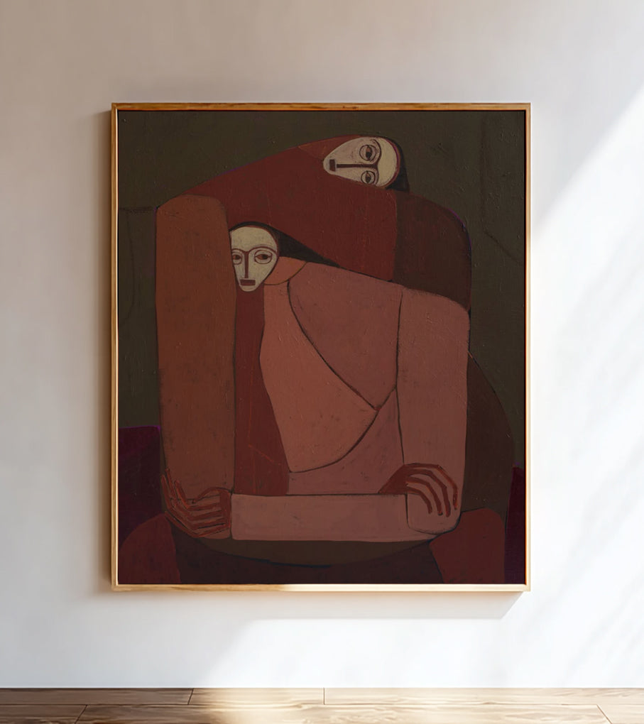 Abstract painting of two figures in red and brown tones on a white wall.