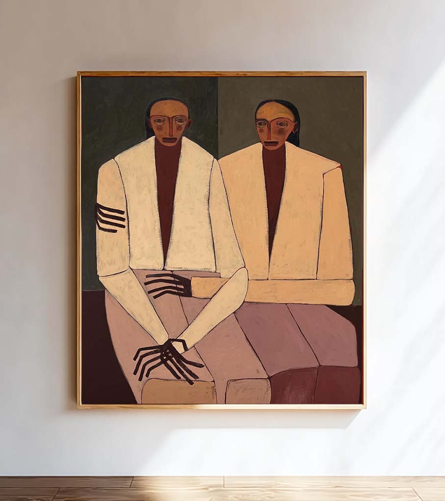 Double Portraits art Boho figurative art Neutral Beige Above sofa art