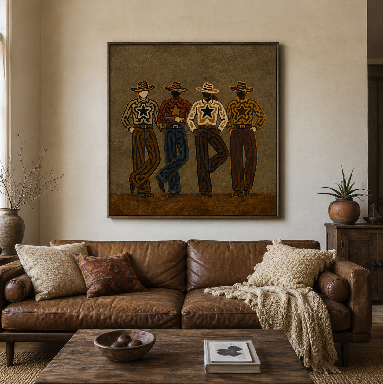 Four Cowboys Painting, Western Folk Art, Rustic Ranch Portrait Wall Decor For Living Room Decor