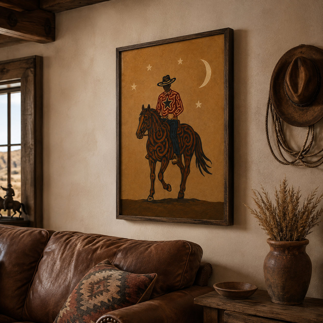 Moonlit Cowboy Horse Painting, Western Folk Wall Art, Southwestern Ranch Night Decor