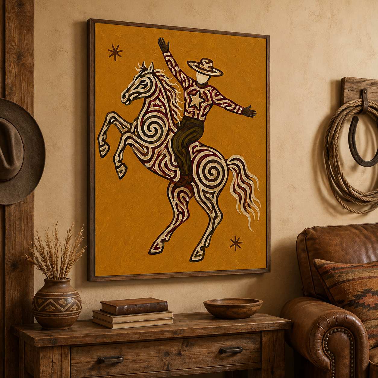 Vintage Western Wall Art, Ochre Cowboy Painting, Wild West Decor, Impasto Texture Canvas Art