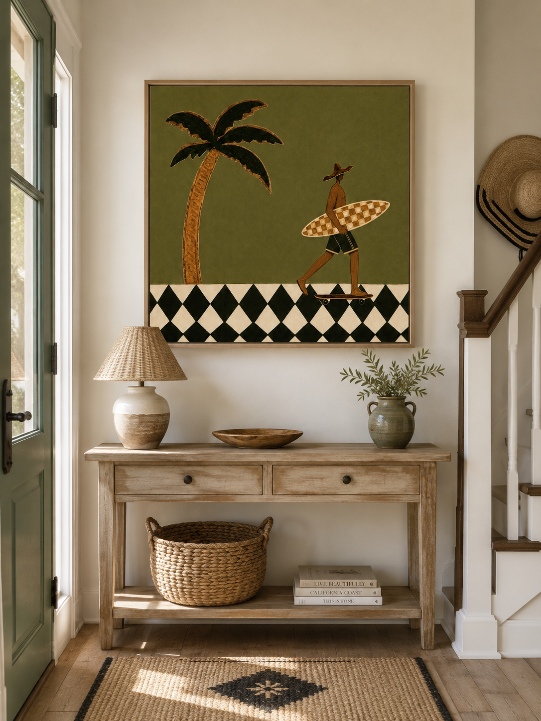 Vintage Minimalist Surf Art With Checkerboard Design For Modern Beach Home Decor