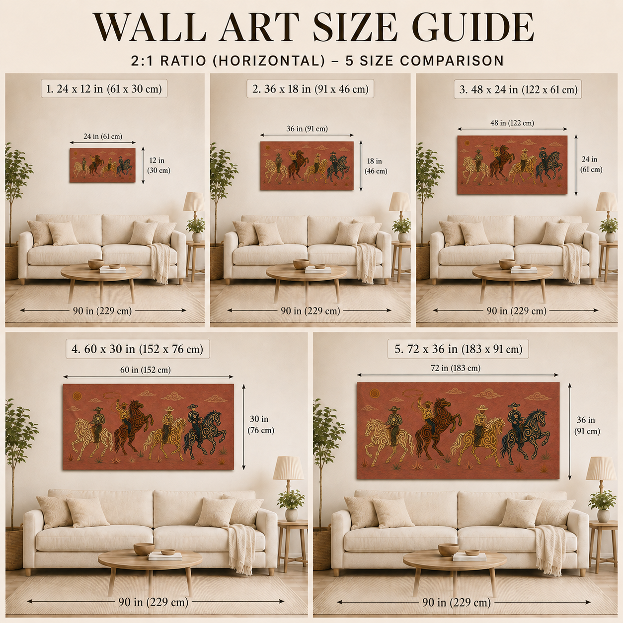 Panoramic Rodeo Cowboy Painting, Lasso Horse Riders, Southwestern Western Ranch Art