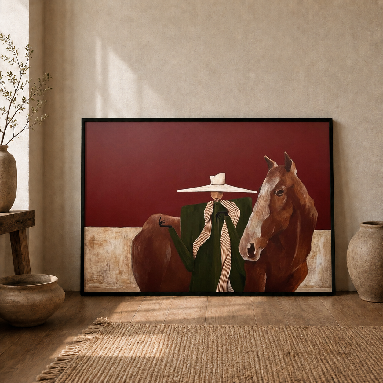 Vintage Woman And Horse Painting With Hat Earthy Tones Square Canvas Wall Art For Living Room