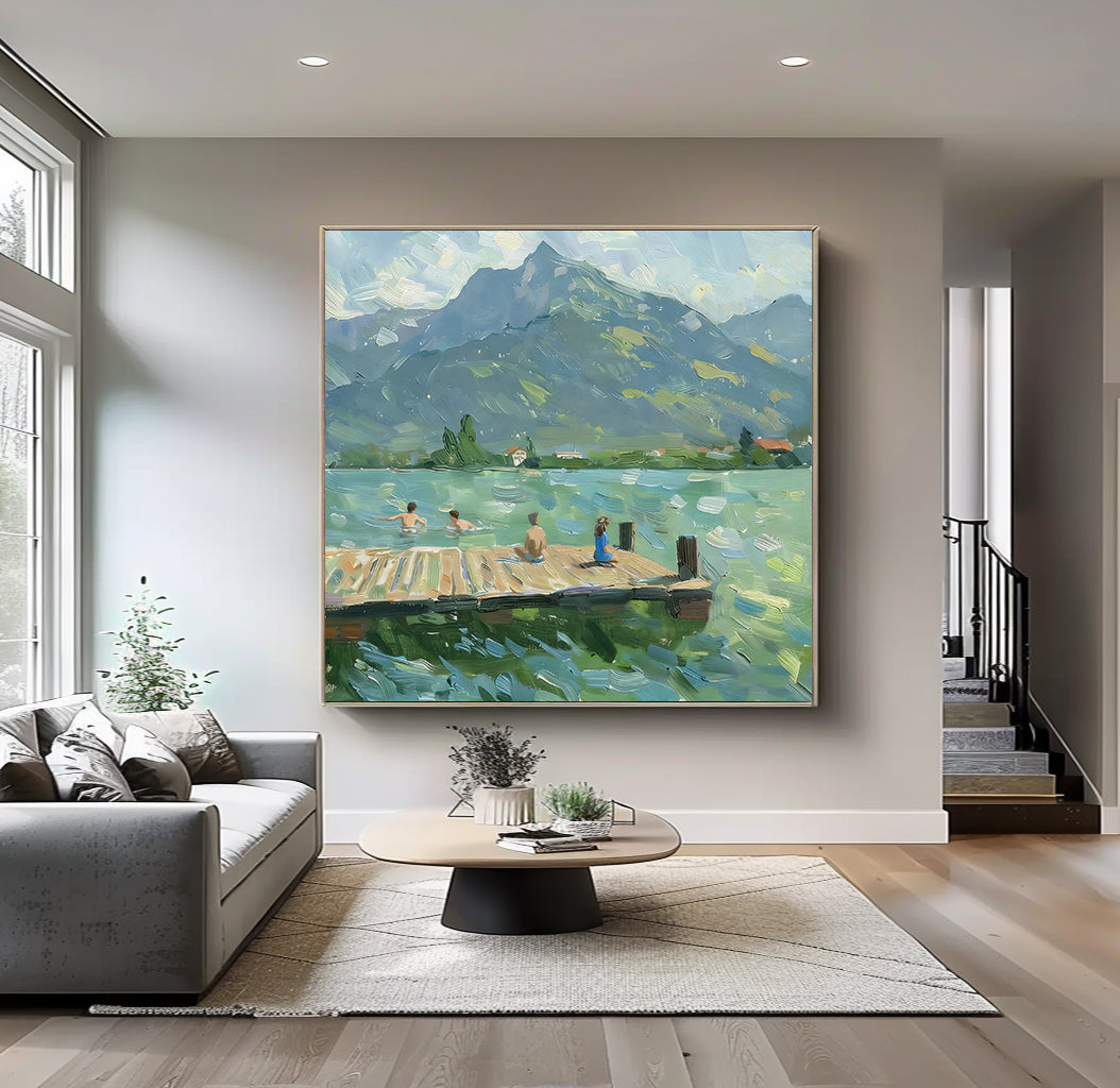 large Green Hand-painted oil painting Serene water landscape decor